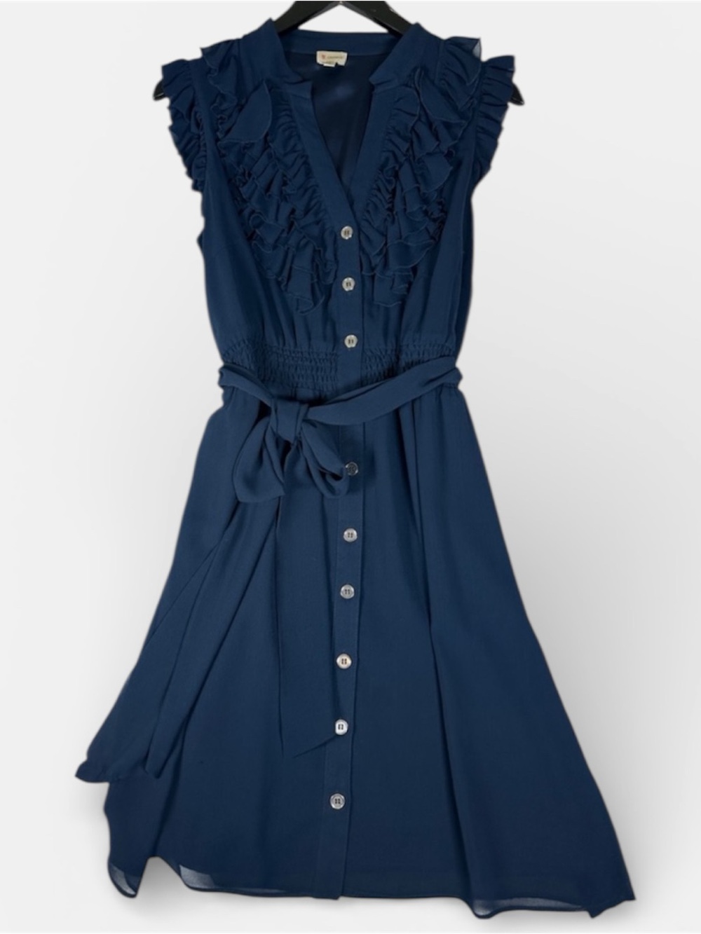 Cremieux Dress Size 14 Ruffle Button Navy Blue
